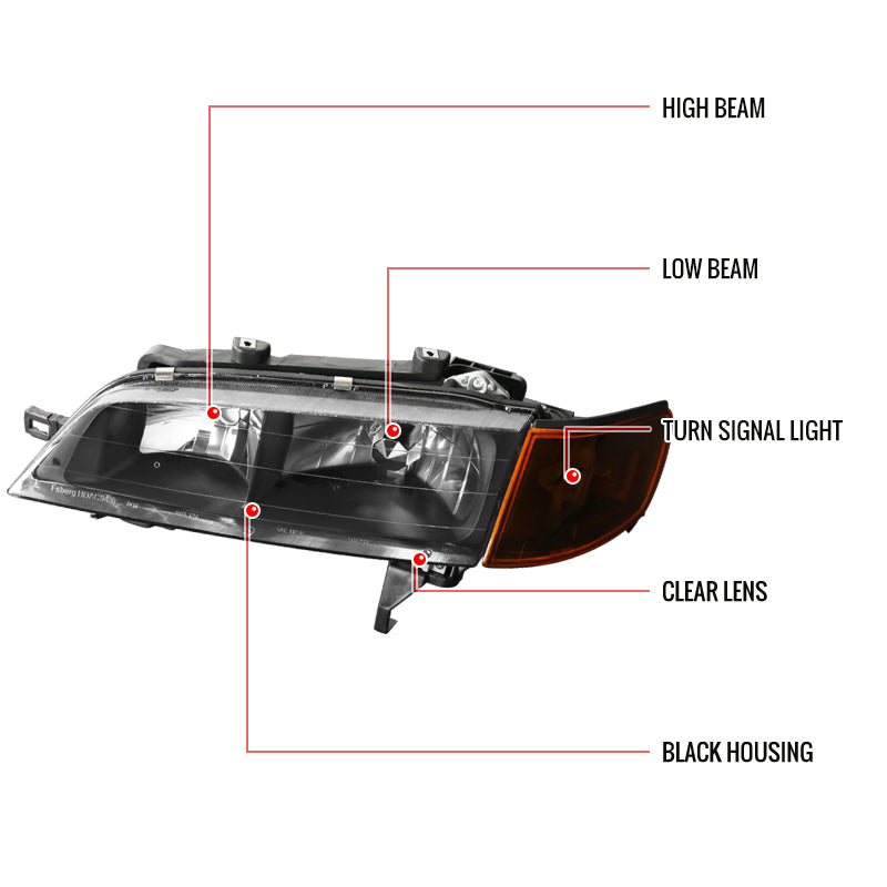 1994-1997 Honda Accord Factory Style Headlights & Amber Lens Corner Parking Turn Signal Lights - Matte Black/Clear Lens