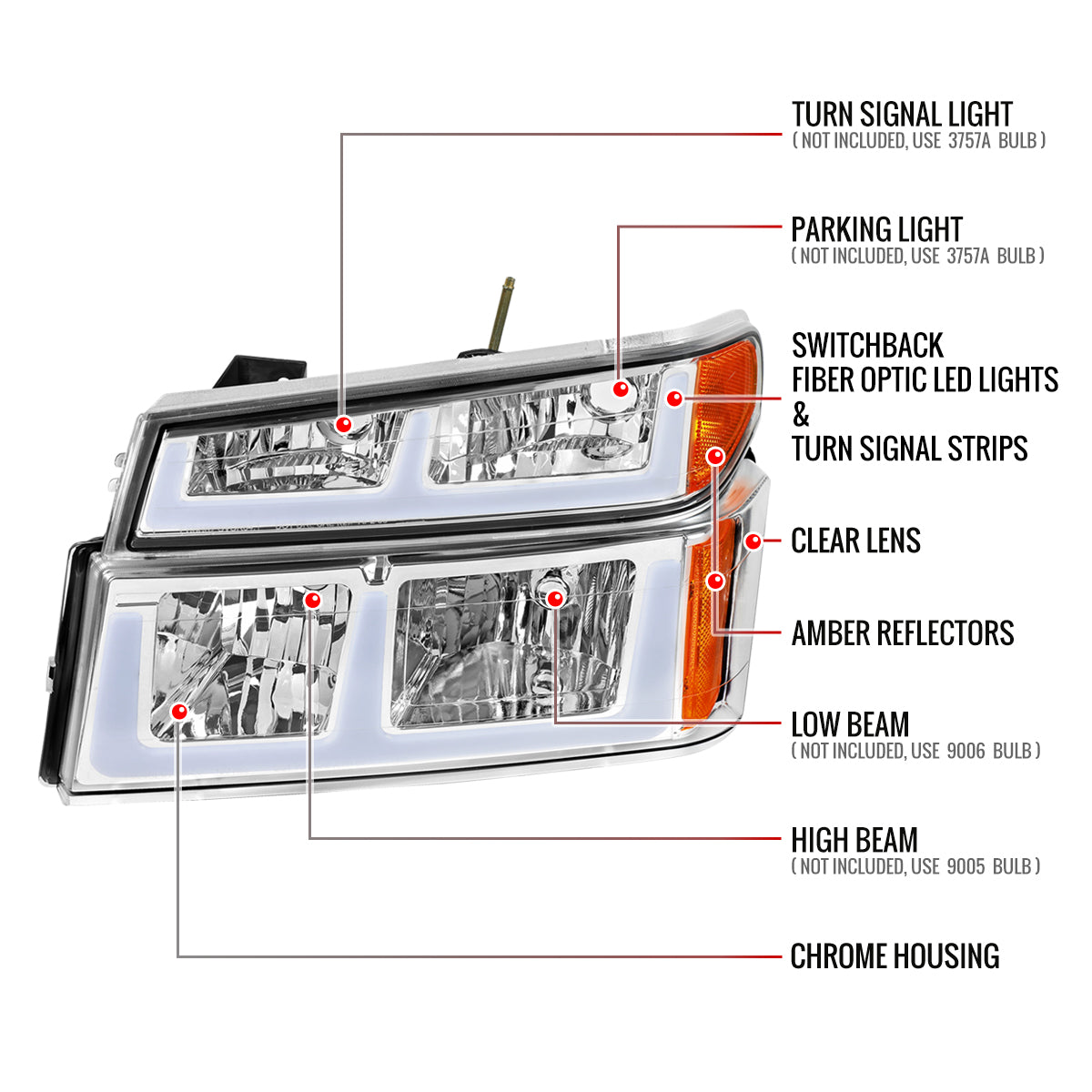 2006-2008 ISUZU I-Series LED Bar Factory Style Headlights w/ Amber Corner Lamp (Chrome Housing/Clear Lens)