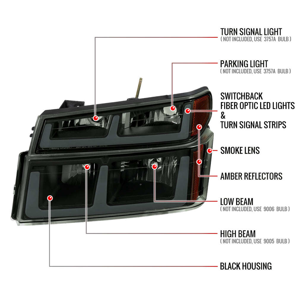 2006-2008 ISUZU I-Series LED Bar Factory Style Headlights w/ Amber Corner Lamp (Matte Black Housing/Smoke Lens)