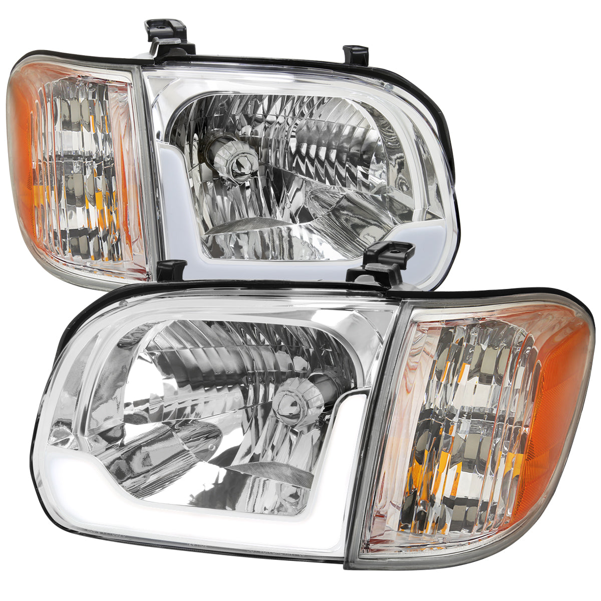2005-2006 Toyota Tundra / 2005-2007 Sequoia LED Bar Factory Style Headlights w/ Corner Lamps and Amber Reflector (Chrome Housing / Clear Lens)