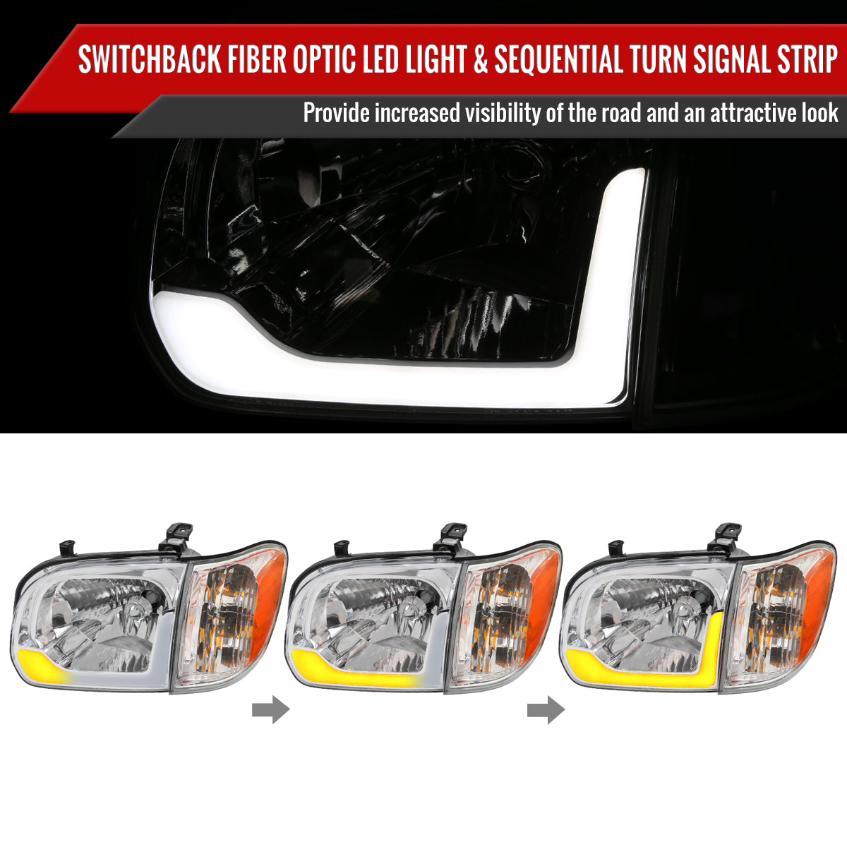 2005-2006 Toyota Tundra / 2005-2007 Sequoia Switchback Sequential LED Bar Factory Style Headlights w/ Corner Lamps (Chrome Housing / Clear Lens)