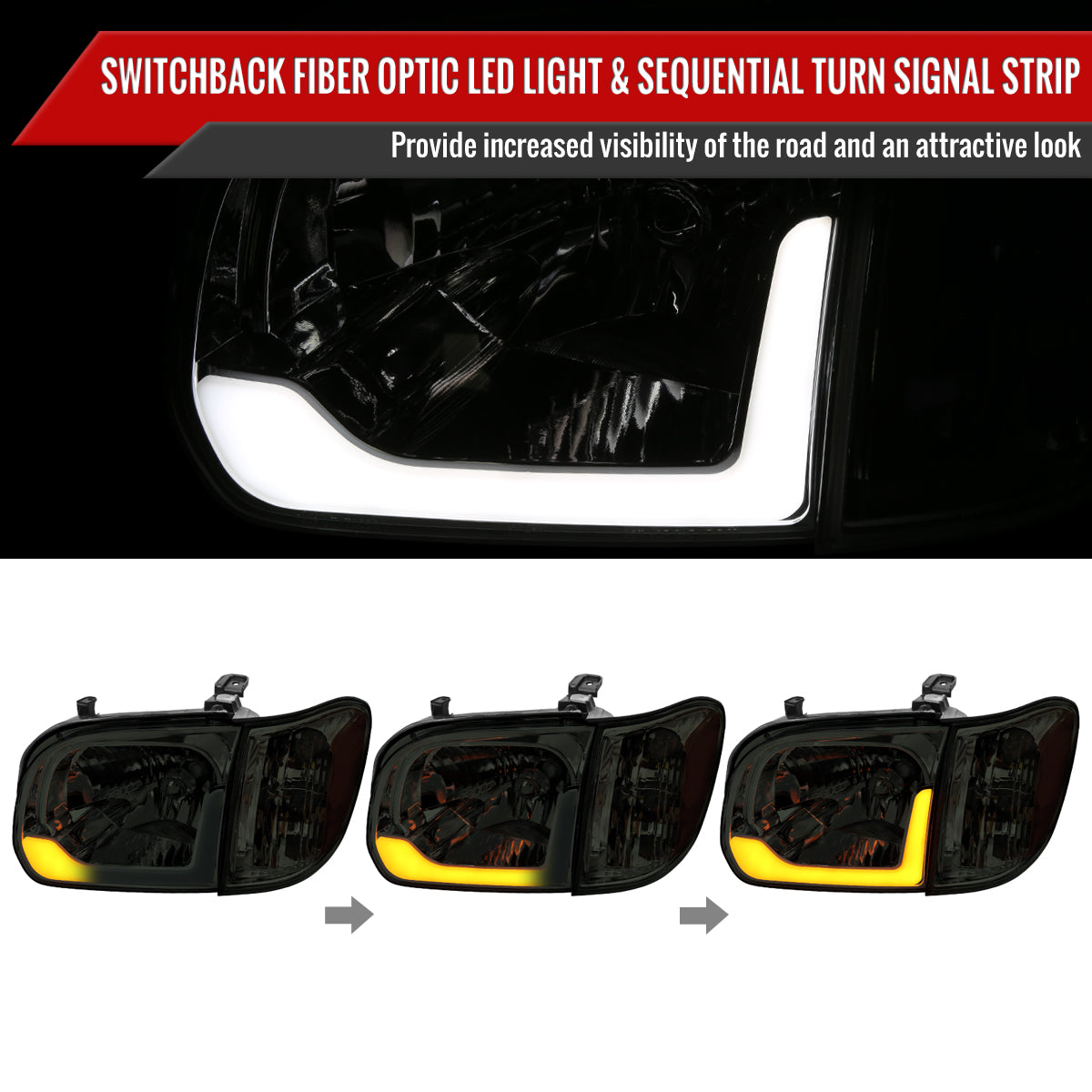 2005-2006 Toyota Tundra / 2005-2007 Sequoia Switchback Sequential LED Bar Factory Style Headlights w/ Corner Lamps (Chrome Housing / Smoked Lens)