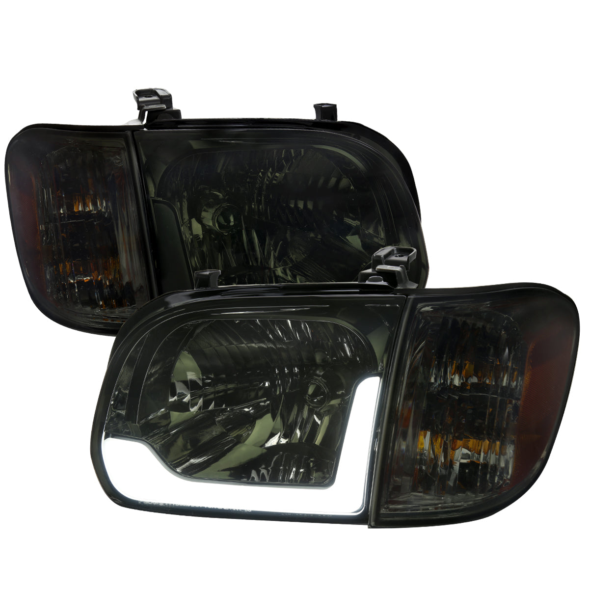 2005-2006 Toyota Tundra / 2005-2007 Sequoia Switchback Sequential LED Bar Factory Style Headlights w/ Corner Lamps (Chrome Housing / Smoked Lens)