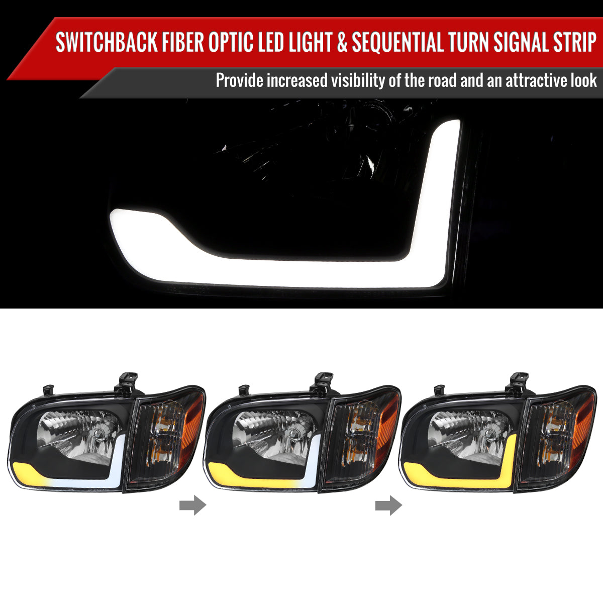 2005-2006 Toyota Tundra / 2005-2007 Sequoia Switchback Sequential LED Bar Factory Style Headlights w/ Corner Lamps (Matte Black Housing / Clear Lens)