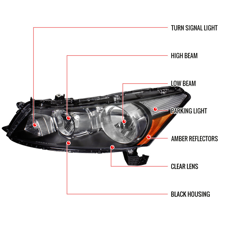 2008-2012 Honda Accord Sedan Factory Style Headlights - Matte Black/Clear Lens