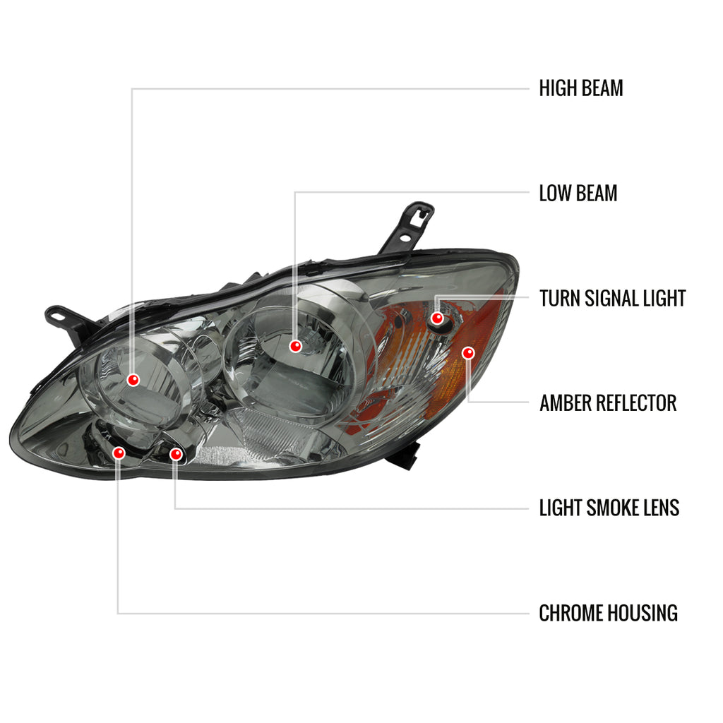 2003-2008 Toyota Corolla Factory Style Headlights (Chrome Housing/Light Smoke Lens)