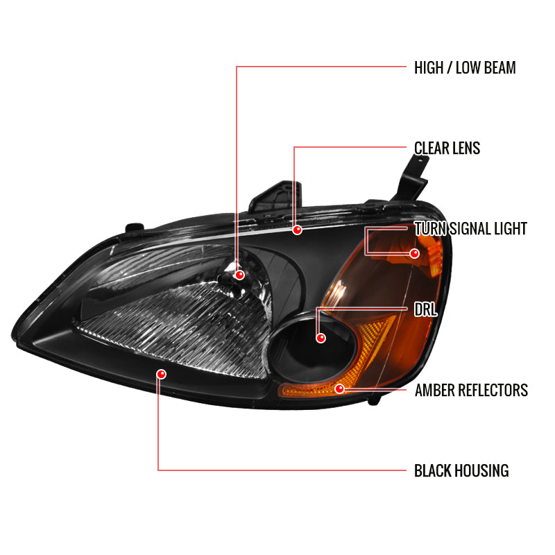 2001-2003 Honda Civic Factory Style Headlights - Matte Black/Clear Lens