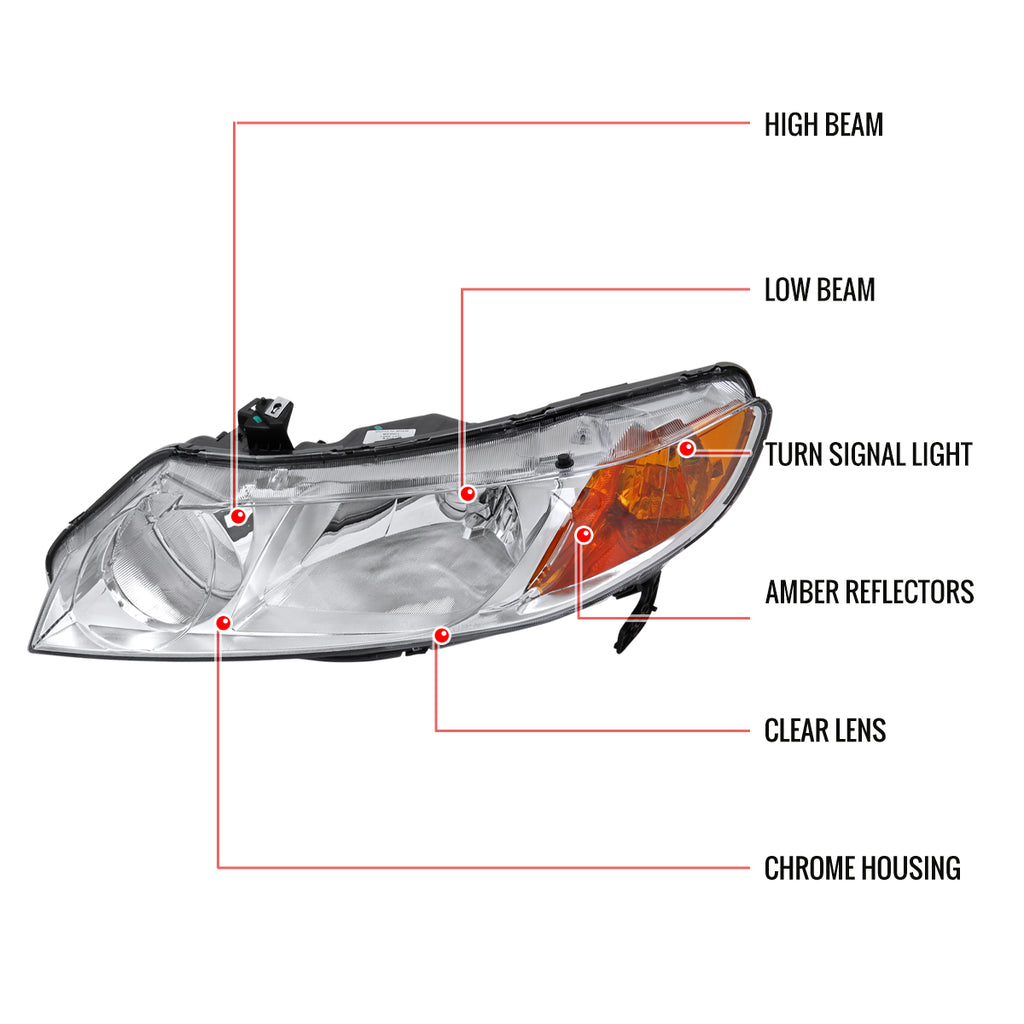 2006-2011 Honda Civic Sedan Factory Style Headlights (Chrome Housing/Clear Lens)