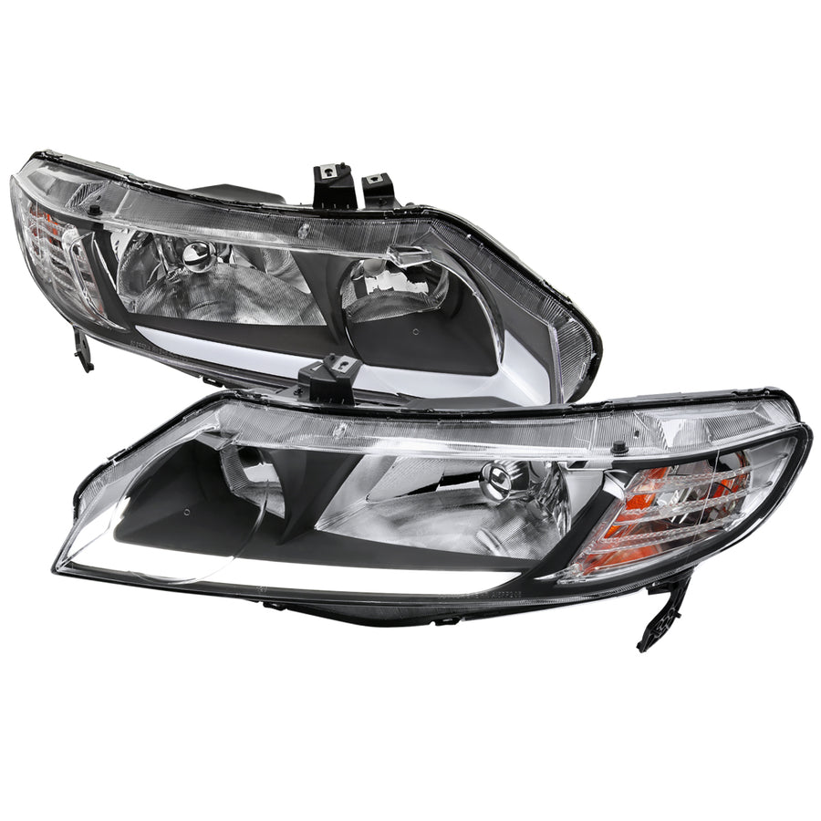 2006-2011 Honda Civic 4DR Sedan Factory Style Headlights w/ LED Strip (Matte Black Housing / Clear Lens)