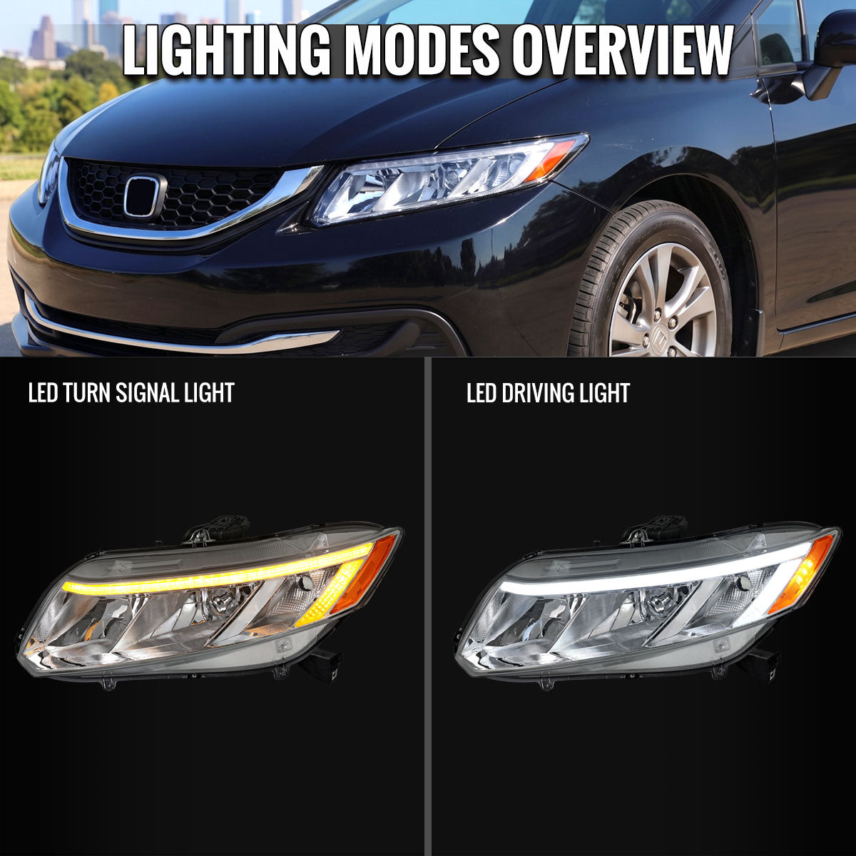 2012-2013 Honda Civic Coupe / 2012-2015 Civic Sedan LED Bar Factory Style Replacement Headlights (Chrome Housing / Clear Lens)