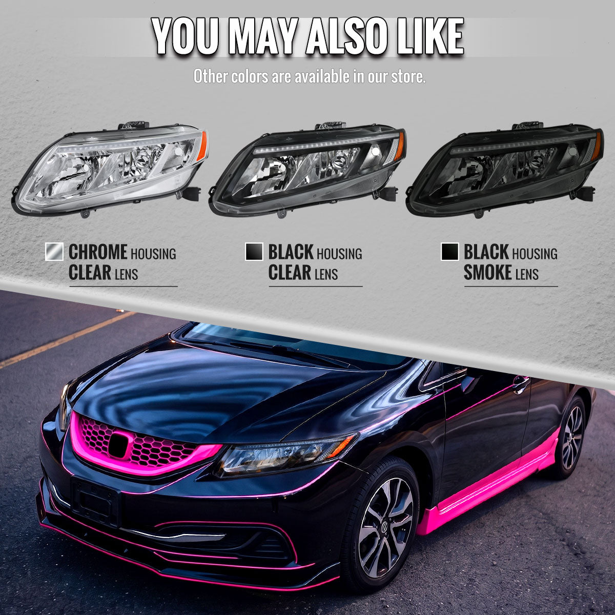 2012-2013 Honda Civic Coupe / 2012-2015 Civic Sedan LED Bar Factory Style Replacement Headlights (Chrome Housing / Clear Lens)