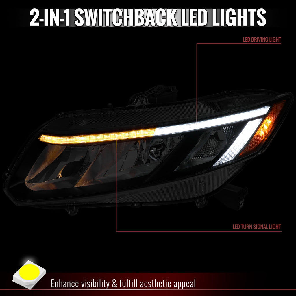 2012-2013 Honda Civic Coupe / 2012-2015 Civic Sedan LED Bar Factory Style Replacement Headlights (Matte Black Housing / Clear Lens)