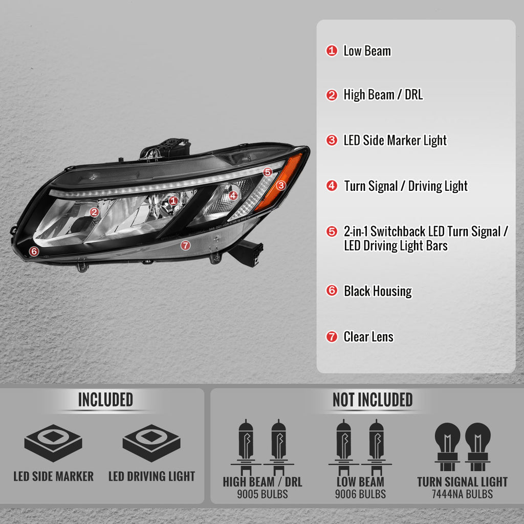 2012-2013 Honda Civic Coupe / 2012-2015 Civic Sedan LED Bar Factory Style Replacement Headlights (Matte Black Housing / Clear Lens)