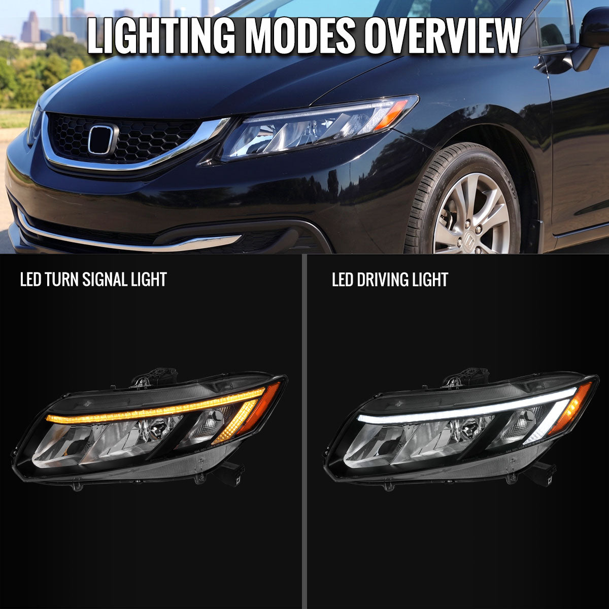 2012-2013 Honda Civic Coupe / 2012-2015 Civic Sedan LED Bar Factory Style Replacement Headlights (Matte Black Housing / Clear Lens)