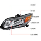 2012-2013 Honda Civic Coupe / 2012-2015 Civic Sedan Factory Style Headlights (Matte Black Housing / Clear Lens)