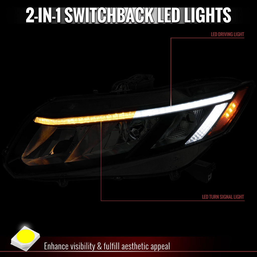 2012-2013 Honda Civic Coupe / 2012-2015 Civic Sedan LED Bar Factory Style Replacement Headlights (Matte Black Housing / Smoked Lens)