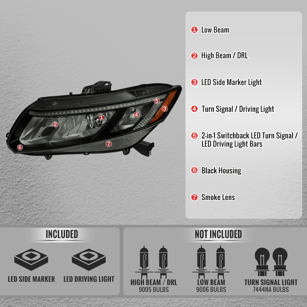 2012-2013 Honda Civic Coupe / 2012-2015 Civic Sedan LED Bar Factory Style Replacement Headlights (Matte Black Housing / Smoked Lens)