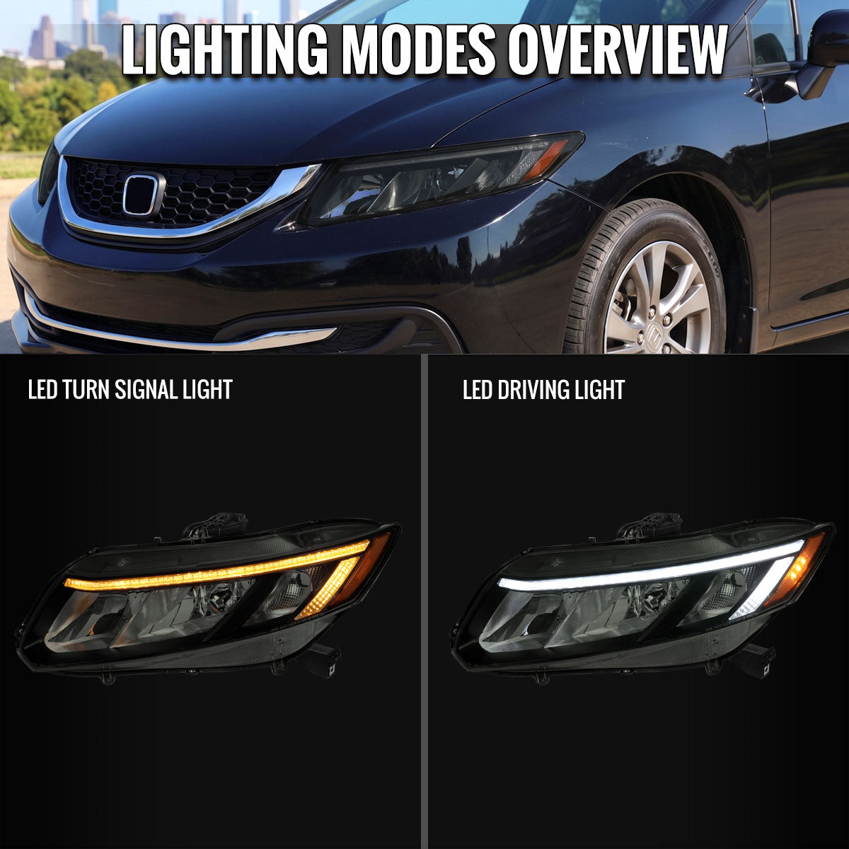 2012-2013 Honda Civic Coupe / 2012-2015 Civic Sedan LED Bar Factory Style Replacement Headlights (Matte Black Housing / Smoked Lens)