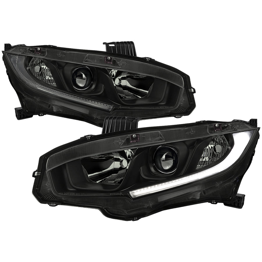 2016-2021 Honda Civic LED Strip Factory Style Projector Headlights (Matte Black Housing/Smoke Lens)