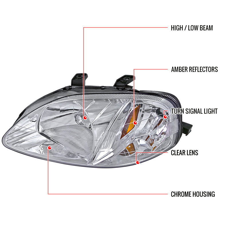 1999-2000 Honda Civic Factory Style Headlights (Chrome Housing / Clear Lens)