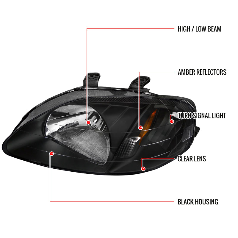 1999-2000 Honda Civic Factory Style Headlights (Matte Black Housing / Clear Lens)