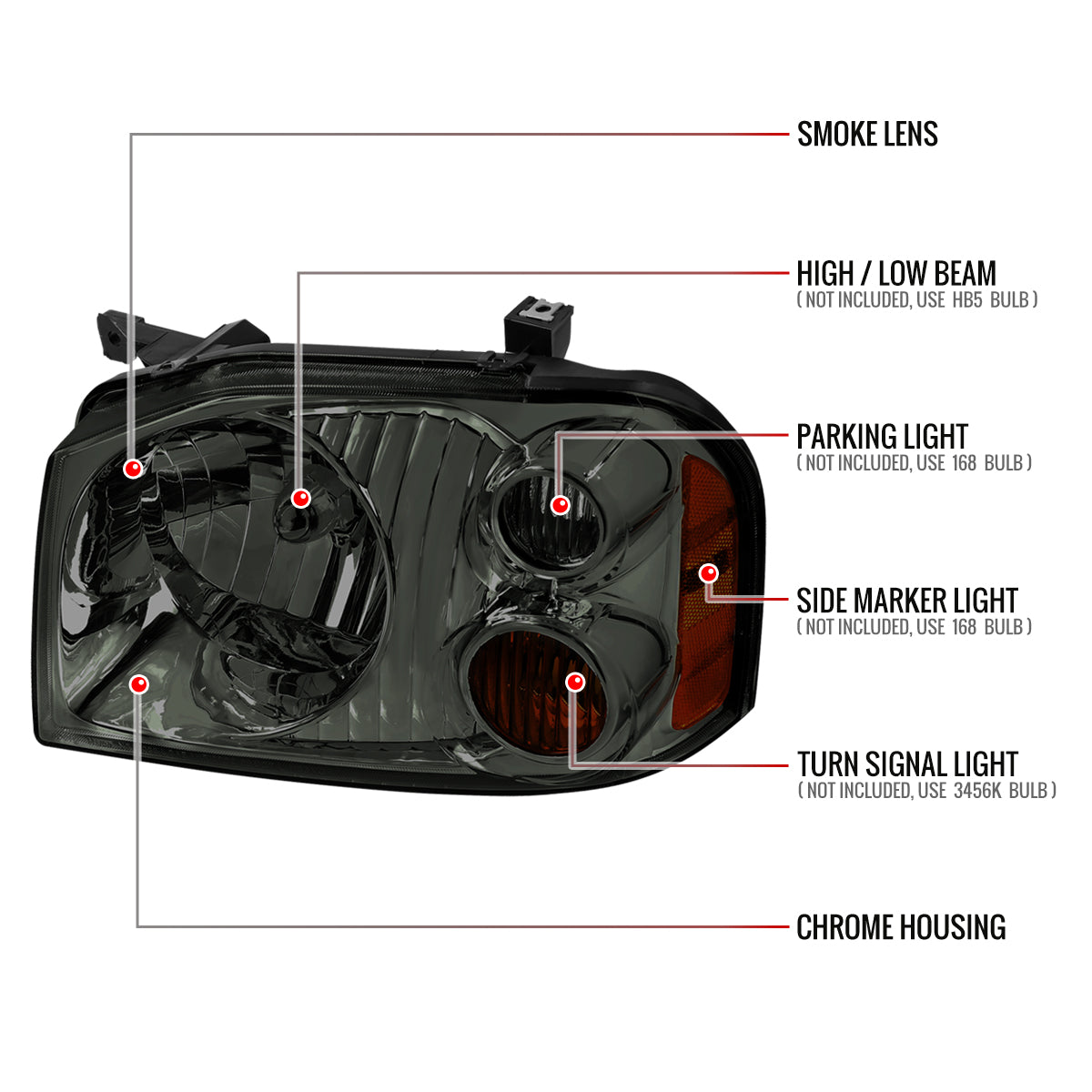 2001-2004 Nissan Frontier XE Factory Style Headlight (Chrome Housing/Smoke Lens)