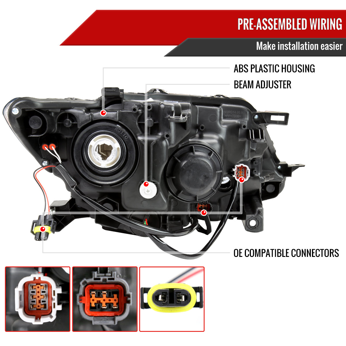 2014-2016 Nissan Rogue LED Strip Factory Style Driver/Left Side Headlight (Matte Black Housing/Clear Lens)