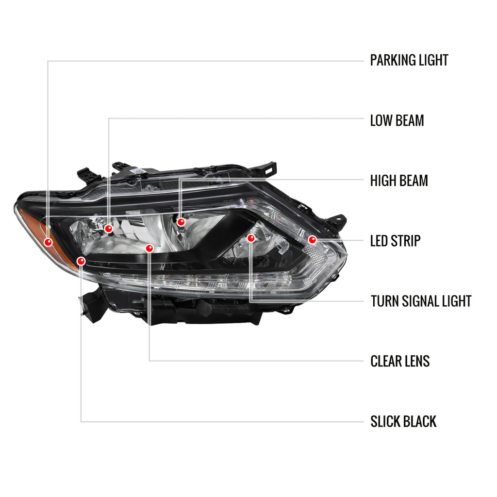 2014-2016 Nissan Rogue LED Strip Factory Style Passenger/Right Side Headlight (Matte Black Housing/Clear Lens)