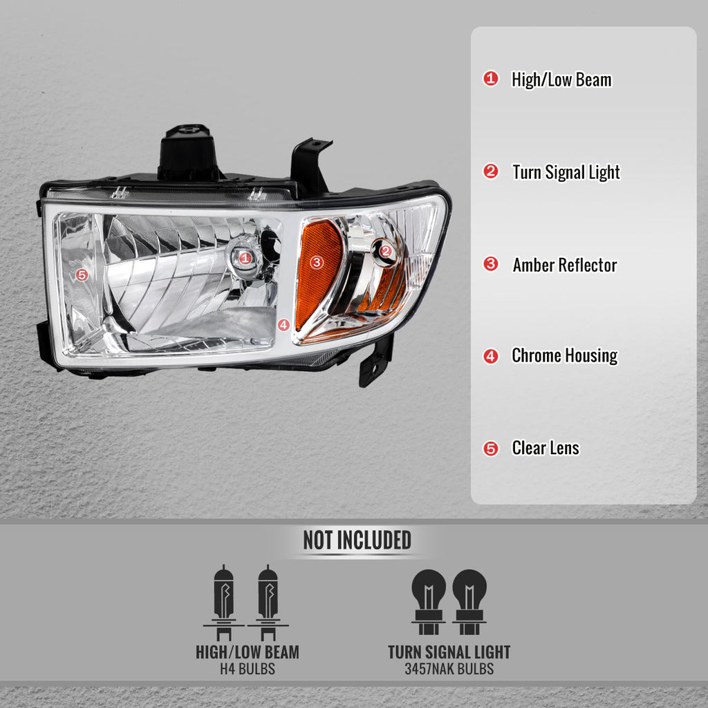 2006-2014 Honda Ridgeline Factory Style Replacement Headlights w/ Amber Reflectors (Chrome Housing  / Clear Lens)