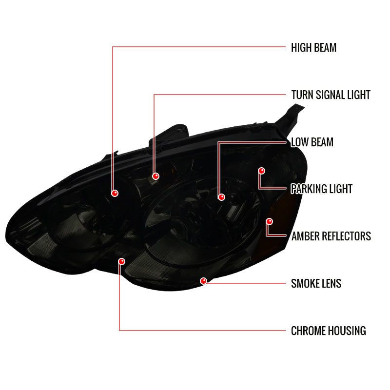 2002-2004 Acura RSX Factory Style Headlights (Chrome Housing / Smoked Lens)