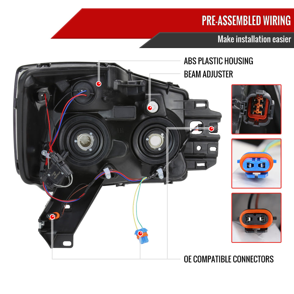 2004-2015 Nissan Titan / 2004-2007 Armada LED Bar Factory Headlights (Matte Black Housing/Clear Lens)