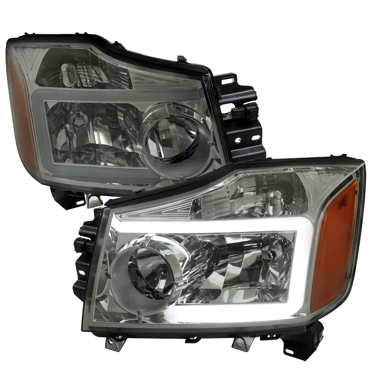 2004-2015 Nissan Titan / 2004-2007 Armada LED Bar Factory Headlights (Chrome Housing / Light Smoked Lens)