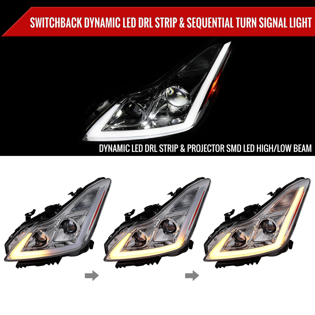 2008-2013 Infiniti G37/2014-2015 Q60 Coupe/Convertible Sequential Switchback LED Turn Signal Full LED Projector Headlights (Chrome Housing/Clear Lens)