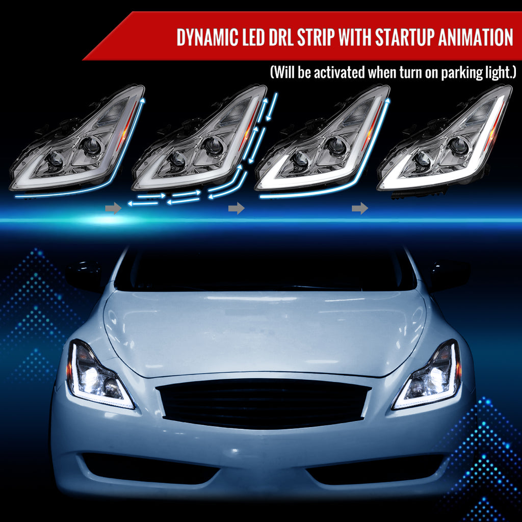 2008-2013 Infiniti G37/2014-2015 Q60 Coupe/Convertible Sequential Switchback LED Turn Signal Full LED Projector Headlights (Chrome Housing/Clear Lens)