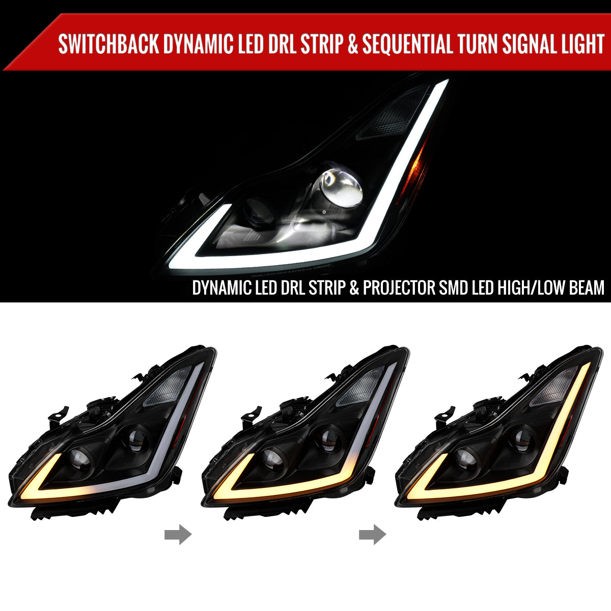 2008-2013 Infiniti G37/2014-2015 Q60 Coupe/Convertible Sequential Switchback LED Turn Signal Full LED Projector Headlights (Matte Black Housing / Clear Lens)