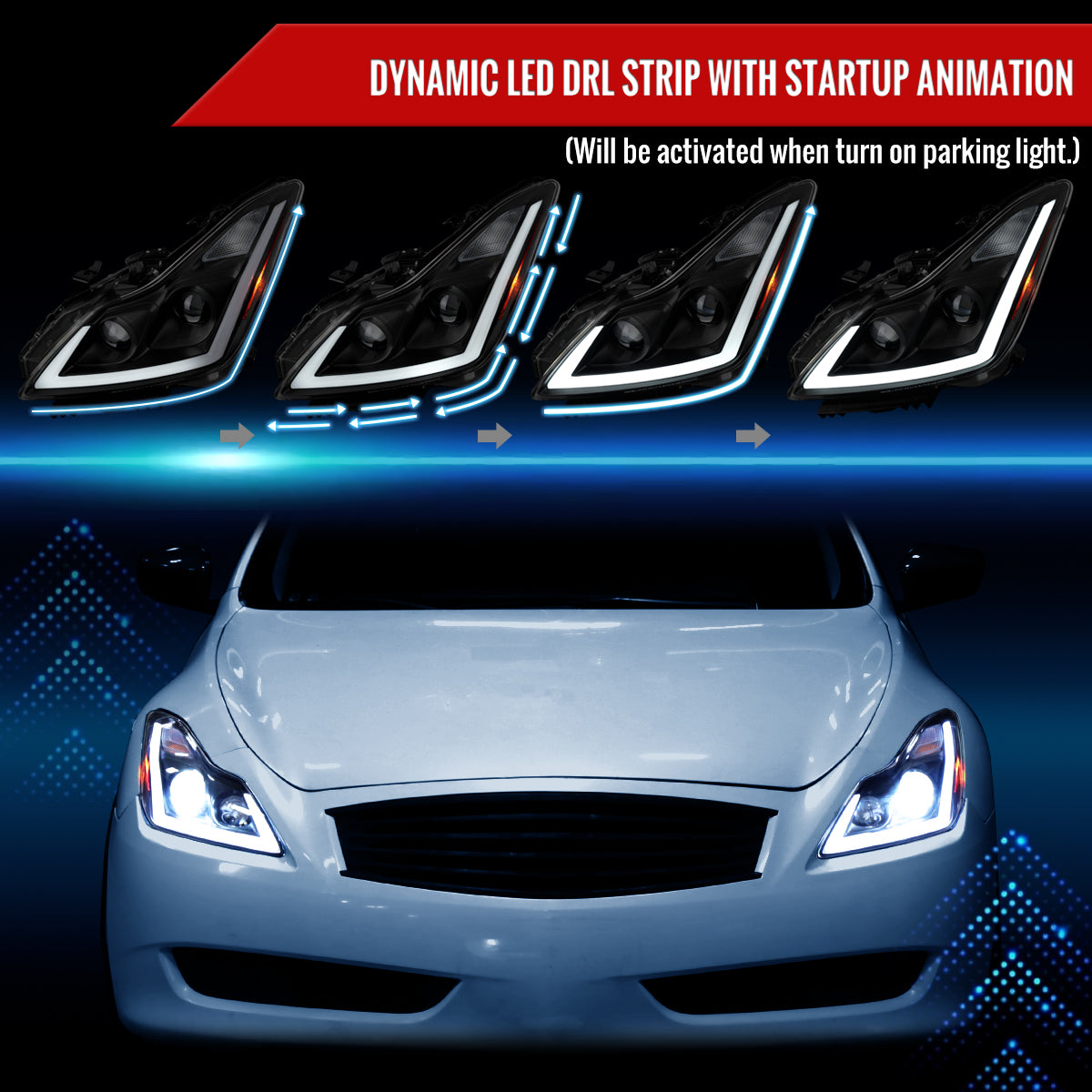 2008-2013 Infiniti G37/2014-2015 Q60 Coupe/Convertible Sequential Switchback LED Turn Signal Full LED Projector Headlights (Matte Black Housing / Clear Lens)