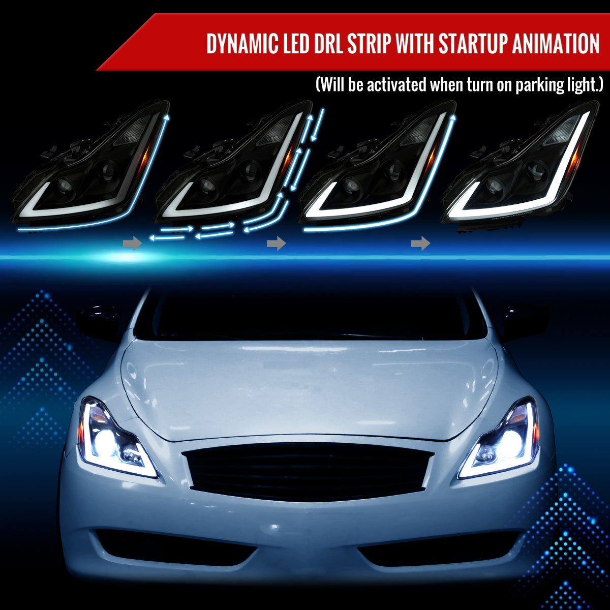 2008-2013 Infiniti G37/2014-2015 Q60 Coupe/Convertible Sequential Switchback LED Turn Signal Full LED Projector Headlights (Matte Black Housing / Smoked Lens)