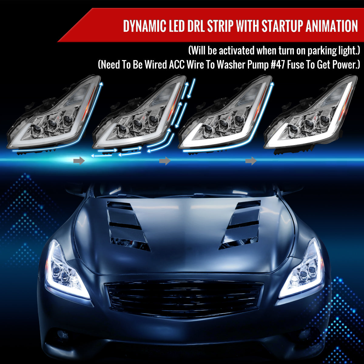 2008-2013 Infiniti G37/2014-2015 Q60 Coupe/Convertible Sequential Switchback LED Turn Signal Full LED Triple Projector Headlights (Chrome Housing / Clear Lens)