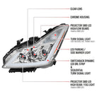 2008-2013 Infiniti G37/2014-2015 Q60 Coupe/Convertible Sequential Switchback LED Turn Signal Full LED Triple Projector Headlights (Chrome Housing / Clear Lens)