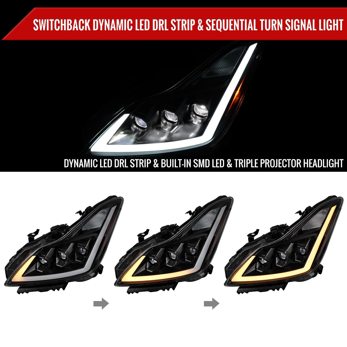 2008-2013 Infiniti G37/2014-2015 Q60 Coupe/Convertible Sequential Switchback LED Turn Signal Full LED Triple Projector Headlights (Matte Black Housing / Clear Lens)