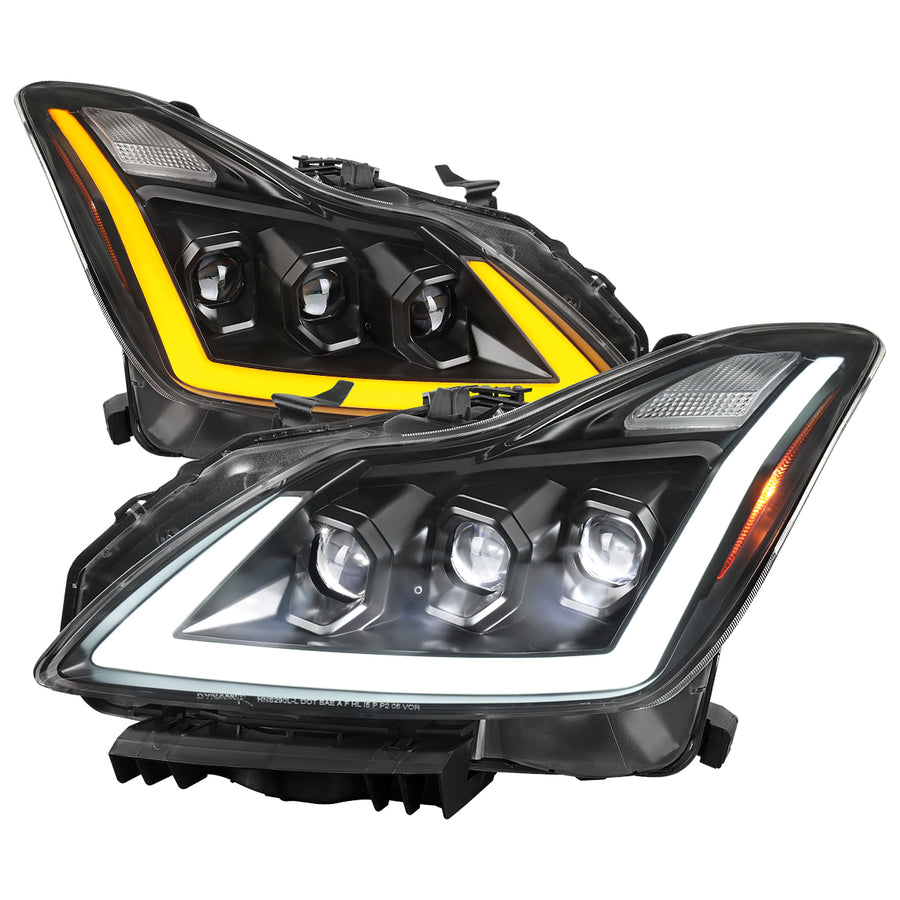 2008-2013 Infiniti G37/2014-2015 Q60 Coupe/Convertible Sequential Switchback LED Turn Signal Full LED Triple Projector Headlights (Matte Black Housing / Clear Lens)
