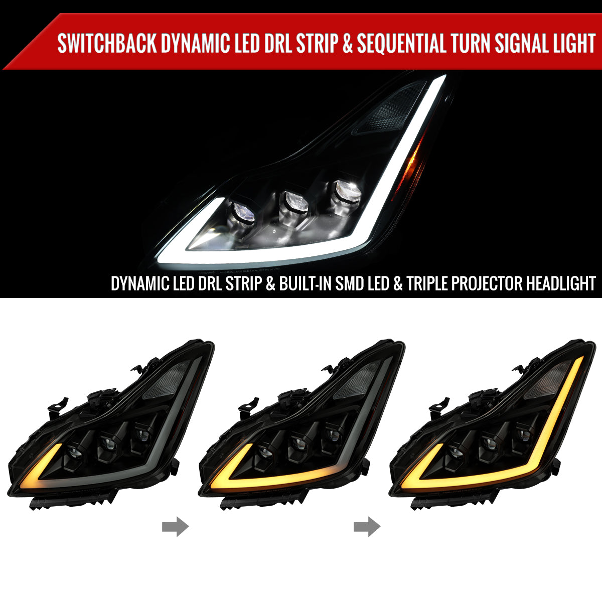 2008-2013 Infiniti G37/2014-2015 Q60 Coupe/Convertible Sequential Switchback LED Turn Signal Full LED Triple Projector Headlights (Matte Black Housing / Smoked Lens)