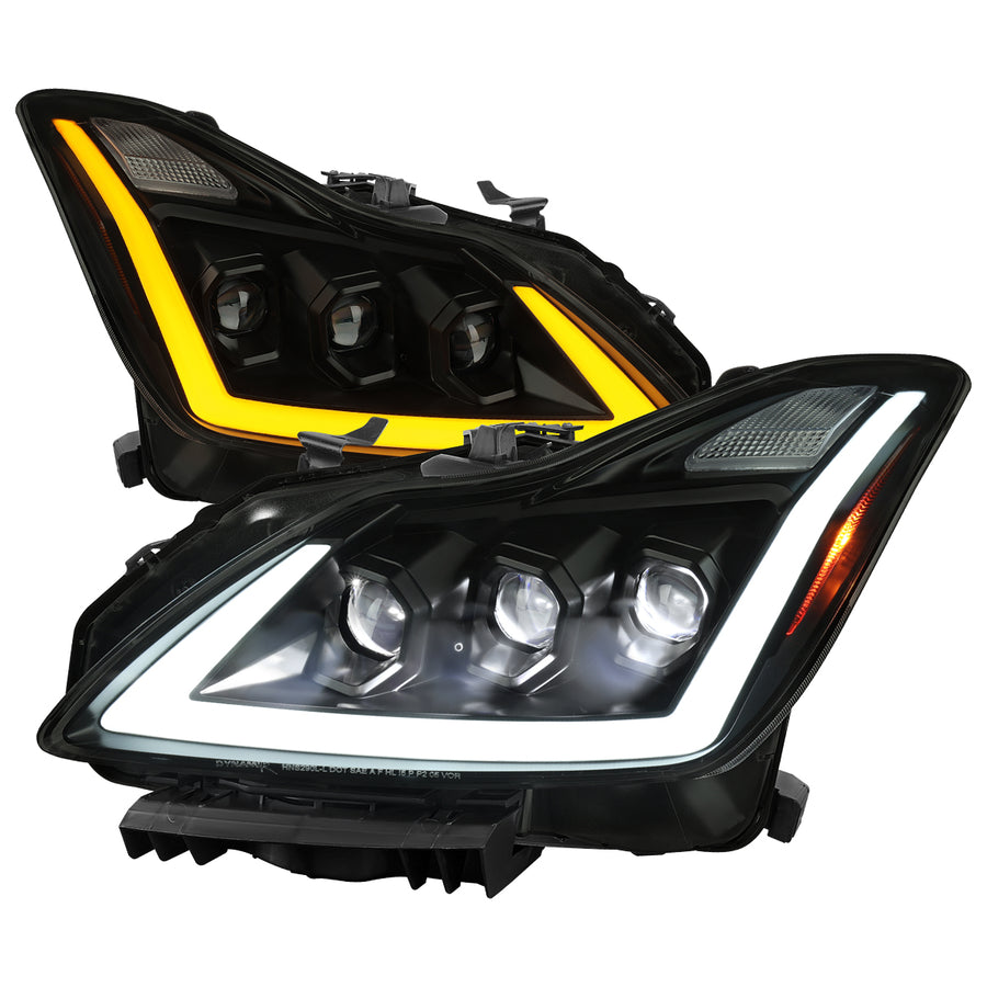 2008-2013 Infiniti G37/2014-2015 Q60 Coupe/Convertible Sequential Switchback LED Turn Signal Full LED Triple Projector Headlights (Matte Black Housing / Smoked Lens)
