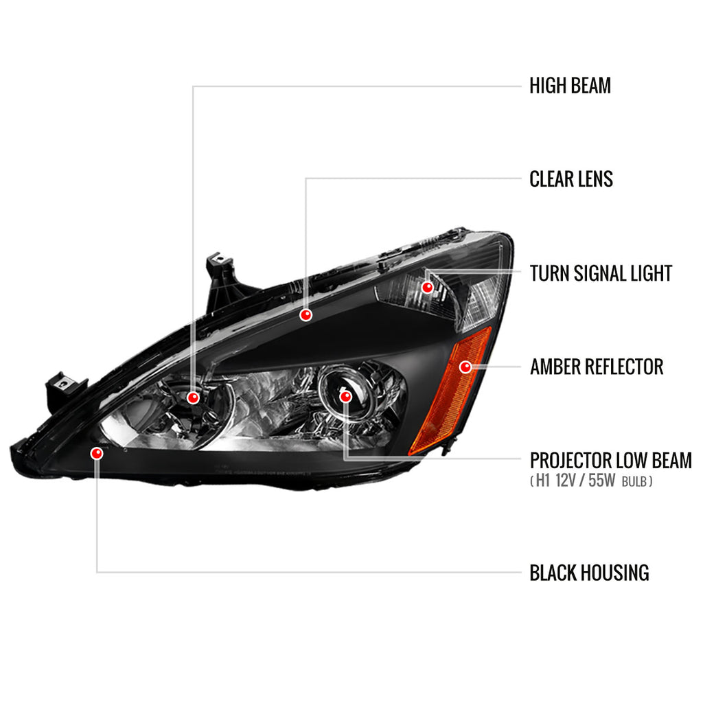 2003-2007 Honda Accord Retro Style Projector Headlights - Matte Black/Clear Lens