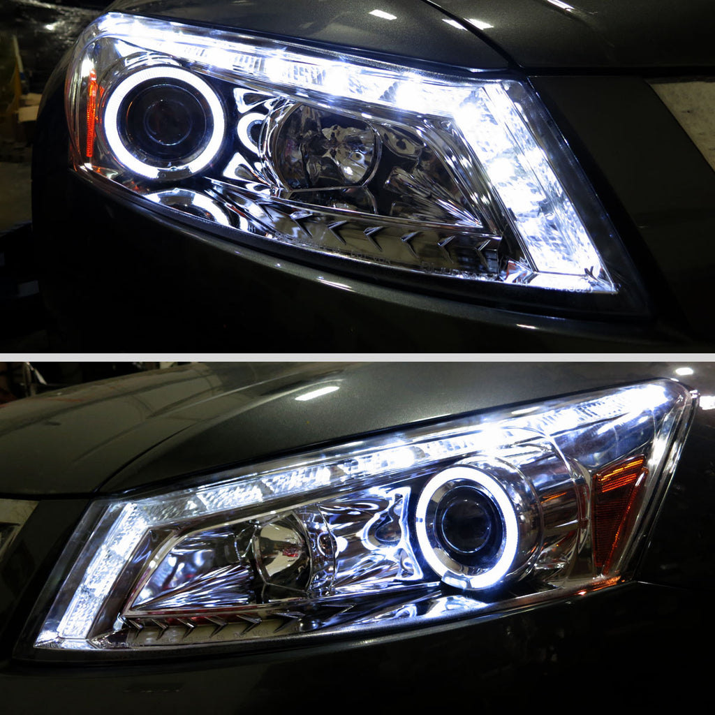 2008-2012 Honda Accord Sedan Single Halo Projector Headlights w/ LED Light Strip & LED Turn Signal Lights (Chrome Housing/Clear Lens)