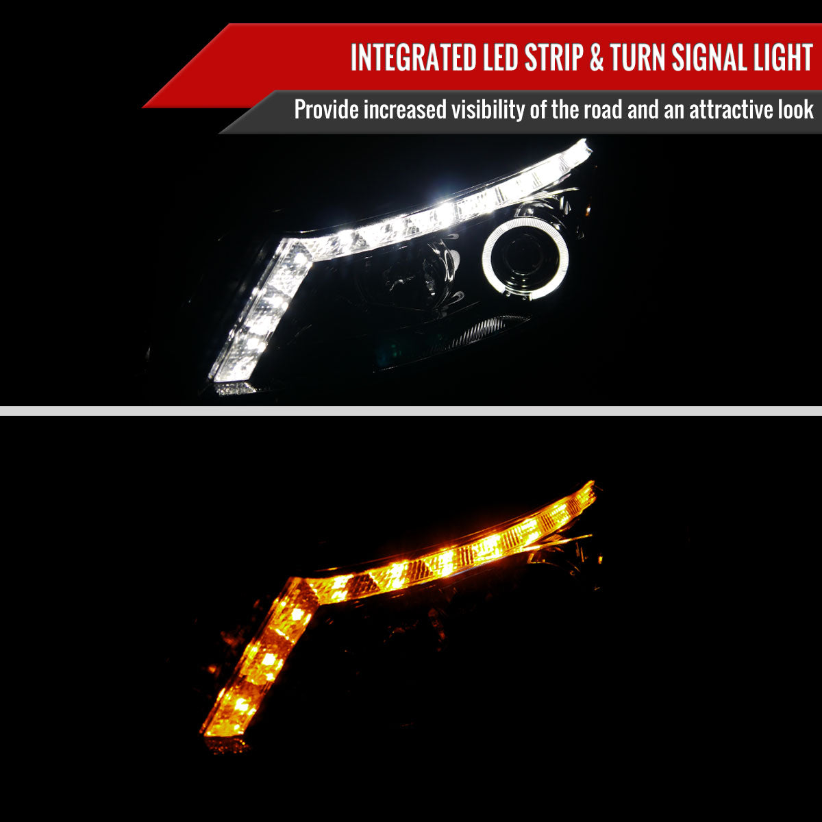 2008-2012 Honda Accord Sedan Single Halo Projector Headlights w/ LED Light Strip & LED Turn Signal Lights (Glossy Black Housing/Smoke Lens)