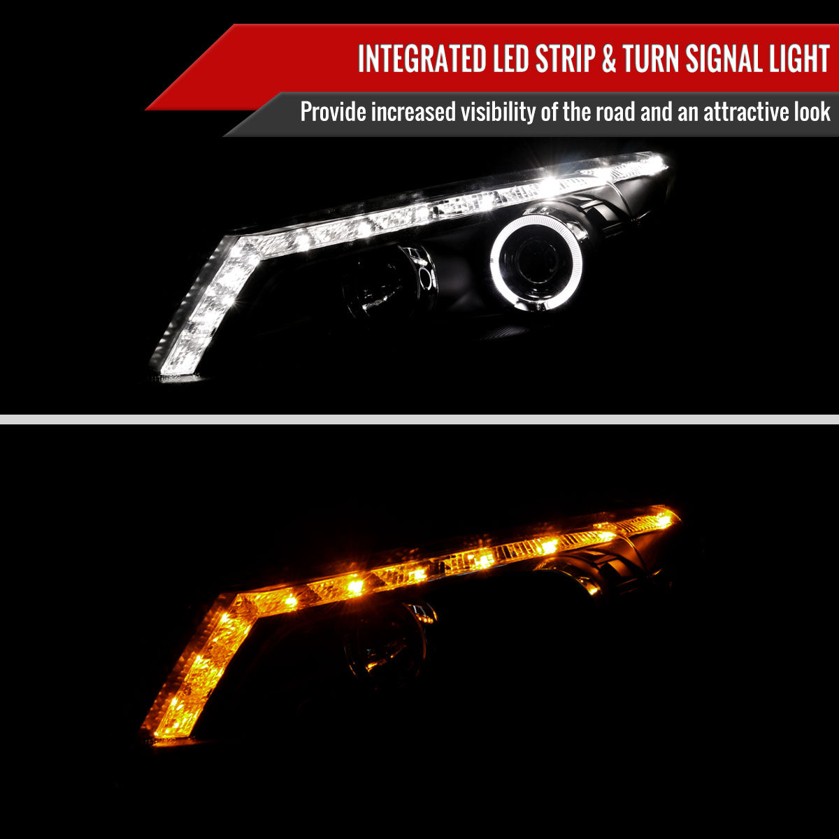 2008-2012 Honda Accord Sedan Single Halo Projector Headlights w/ LED Light Strip & LED Turn Signal Lights (Matte Black Housing/Clear Lens)