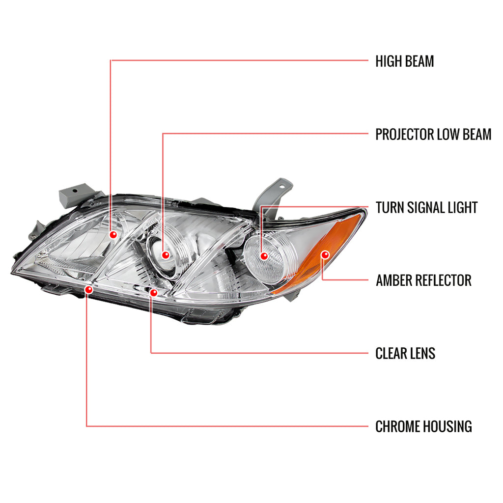 2007-2009 Toyota Camry Factory Style Projector Headlights - Chrome/Clear Lens
