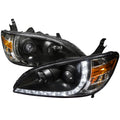 2004-2005 Honda Civic Projector Headlights w/ LED Light Strip - Matte Black/Clear Lens