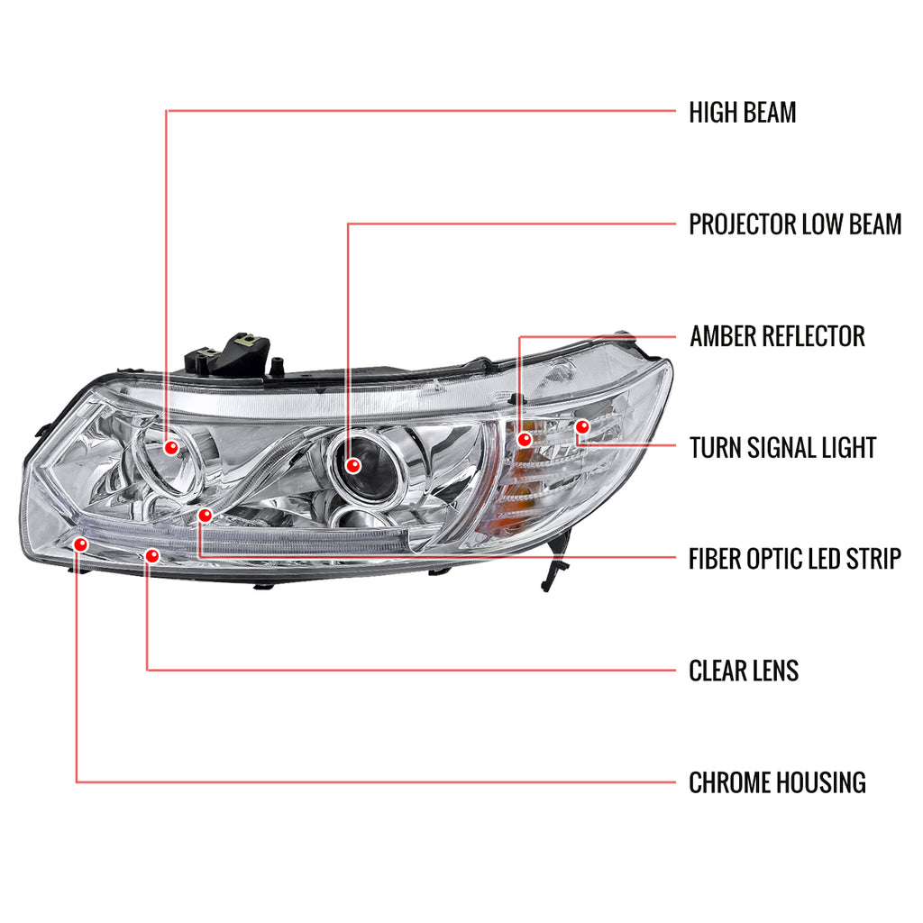 2006-2011 Honda Civic Coupe Projector Headlights w/ LED Light Strips - Chrome/Clear Lens